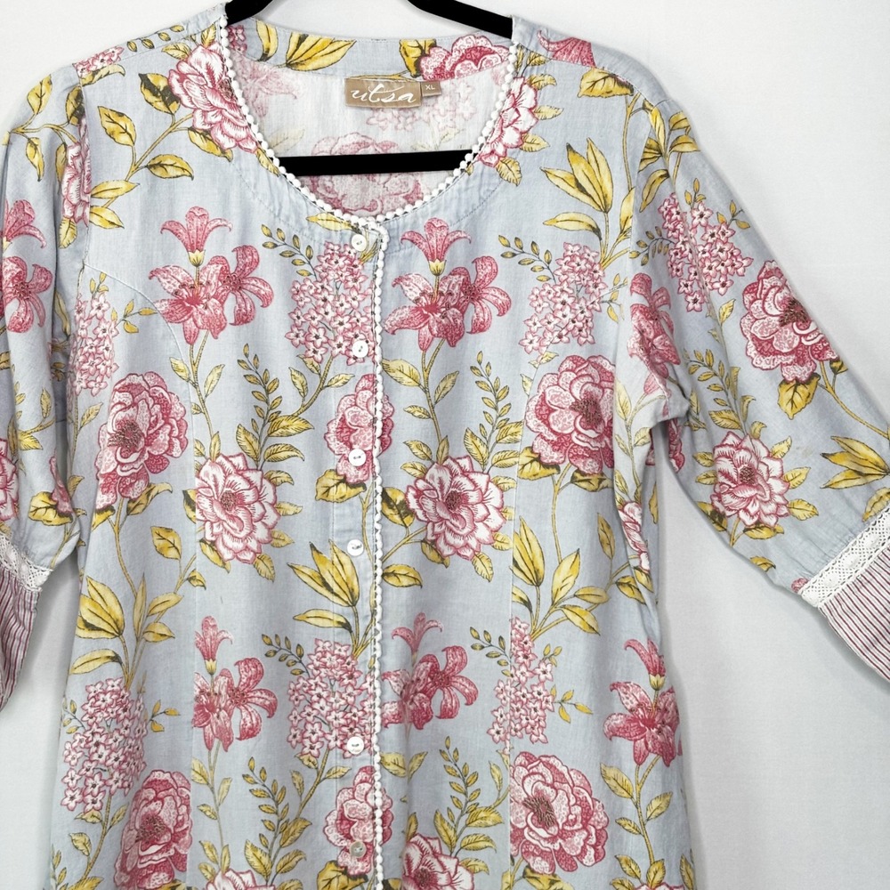 Utsa Cotton Flex Floral Kurti Tunic Dress Blue Pink Button Front Pocket Size XL - Picture 3 of 11